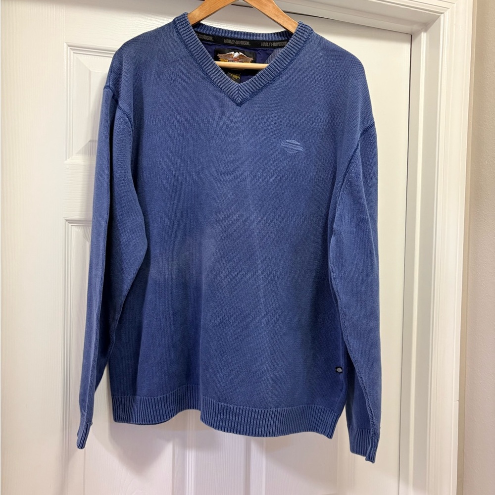 Harley Davidson Men's Blue V-Neck Sweater